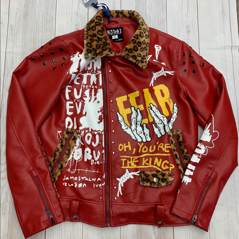 R3BEL MENS LEOPARD COLLAR BIKER  Bomber JACKET Large Retail 250$ Graphic Print